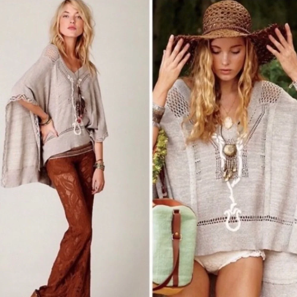 Vintage Free People Silk & Cotton Blend Oatmeal Poncho Cape Onesize